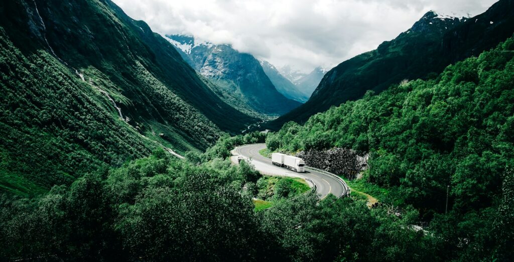 LKW fährt zwischen Bäumen
