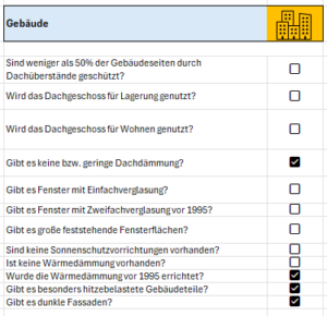 Screenshot des Excel-basierten Quick-Checks zur Bewertung von Klimarisiken für Gebäude