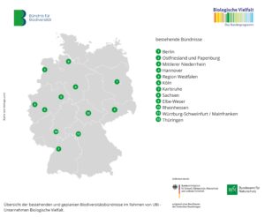 Deutschlandkarte mit zwölf bestehenden regionalen Biodiversitätsbündnissen im Rahmen von UBi, darunter Berlin, Hannover, Sachsen, Mainfranken und Thüringen.