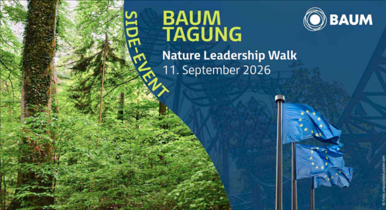 Veranstaltungsbanner zur BAUM-Tagung „Nature Leadership Walk“ am 11. September 2026 mit Waldmotiv und EU-Flaggen.