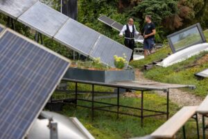 Zwei Teilnehmer im Gespräch zwischen Photovoltaikanlagen und Dachbegrünung auf dem Betriebsdach der Heinz Ewald GmbH.